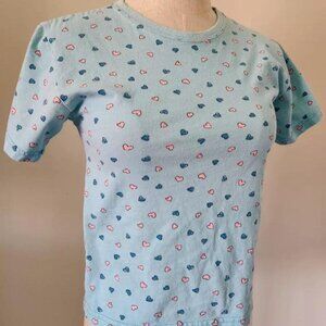 Vintage 90s HONORS Allover Print Blue & Pink Heart 100% Cotton Tee. Sz GIRLS LG.